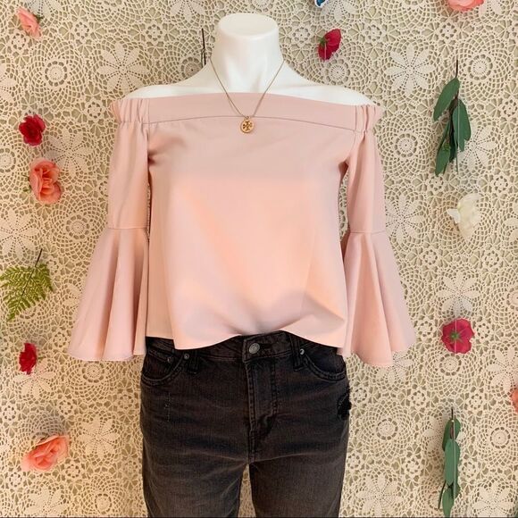 TopShop Blush Off Shoulder Bell Sleeve Crop - Picture 1 of 6